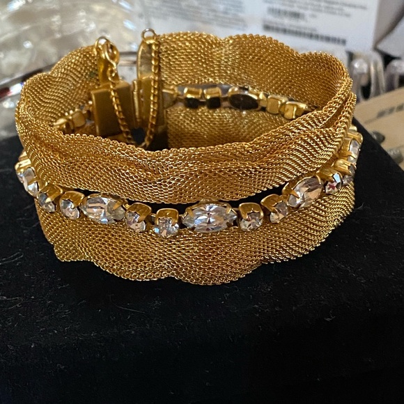 Wide Gold Mesh Bracelet with Clear Prong set Rhinestone Row. 7” - Picture 3 of 11